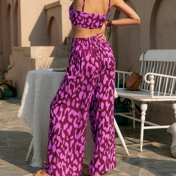Purple Summer Allover Print Crop Cami Top & Wide Leg Pants Set - Picture 2 of 5